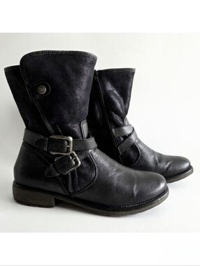 BareTraps Sabella Black Leather Faux Fur Low Calf Moto Boots With Buckle Harness